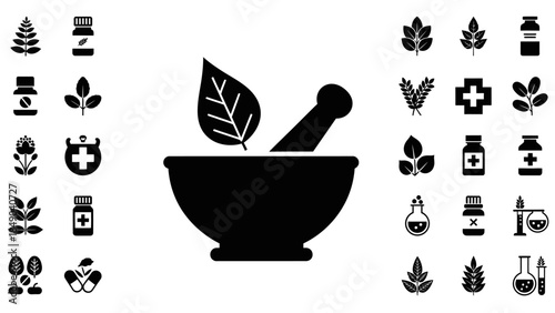Mortar and Pestle with Herbal and Pharmaceutical Icons Isolated White Background