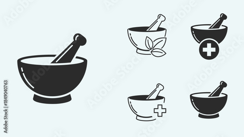 Collection of Mortar and Pestle Icons for Herbal Medicine and Pharmacy in Light Blue Background