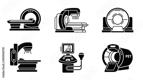 Collection of 4 Silhouette Medical MRI CT PET Scan Machines, Isolated White Background.