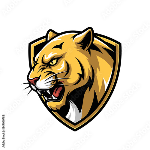 Graphic illustration of a fierce tiger's head in a shield emblem with yellow and black colors on a white background.