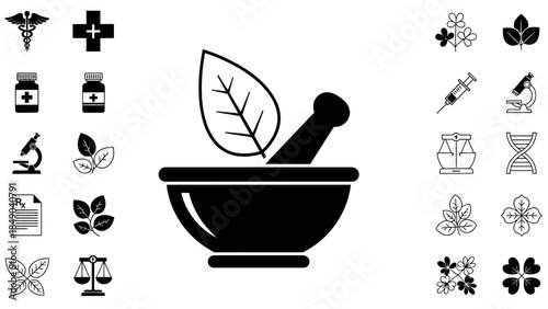 Collection of 20 Medical Pharmaceutical Natural Medicine Icons with Mortar and Pestle, Isolated White Background.