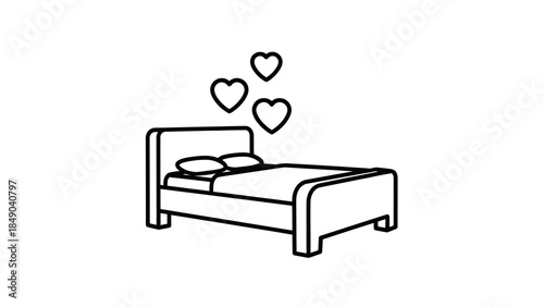 Romantic Bedroom Bed Icon with Floating Hearts, Isolated White Background.