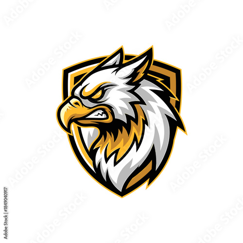 Illustration of a fierce eagle head in white, yellow, and black colors, outlined in a shield shape on a white background.