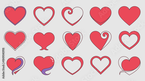 Diverse Collection of Red Heart Shapes and Outlines, symbolizing love, romance, and health on a light gray background.