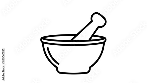 Traditional Mortar and Pestle Icon, representing pharmacy, medicine preparation, and traditional herbal remedies on an isolated white background.