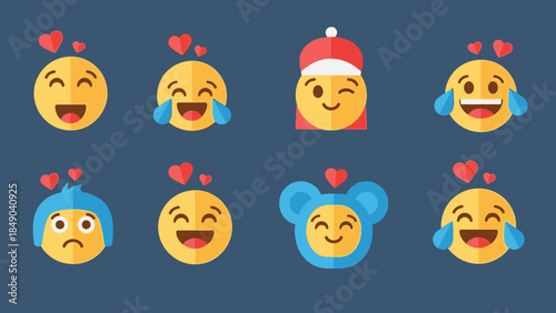 Collection of Love Emojis Expressing Various Emotions, featuring happy, laughing, and caring emoticons with hearts on a dark blue background.