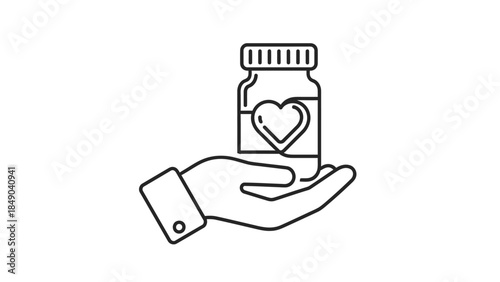 Hand Holding Medicine Bottle with Heart Label, symbolizing care, health, and medical treatment on an isolated white background.