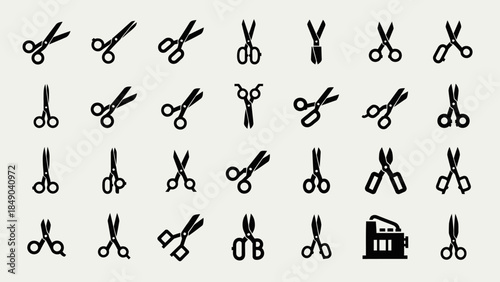 Diverse Collection of Scissors Icons in Solid Black, representing various cutting tools on a light gray background.