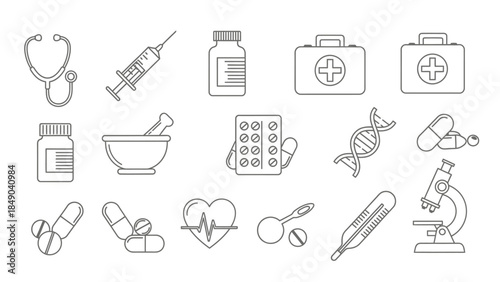 Set of Medical and Healthcare Line Icons on isolated white background, depicting essential tools for health, treatment, and science.