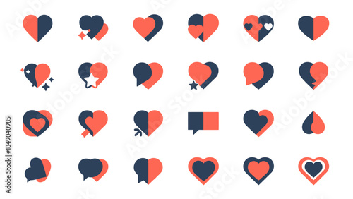 Set of Red and Dark Blue Heart Icons Representing Love, Likes, and Social Media Interactions on Isolated White Background