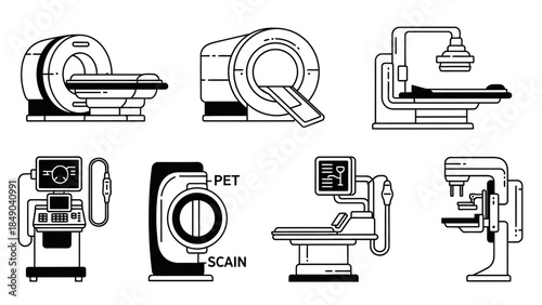 Set of Medical Scanning Machine Icons, MRI CT and PET Scan Diagnostic Equipment Collection on Isolated White Background.