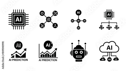 Artificial intelligence icons set. Solid black glyphs for machine learning, deep learning, prediction model, data analysis, and automation in technology