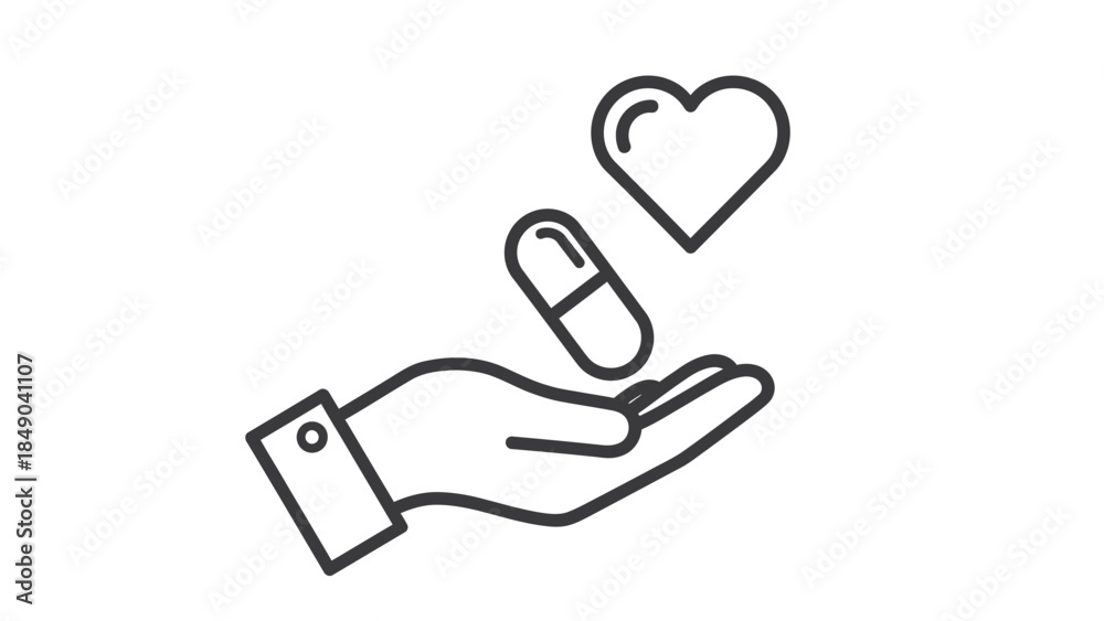 Obraz premium Hand offering pills with a heart symbol, representing medical treatment and care for health, in a line art style on an isolated white background.