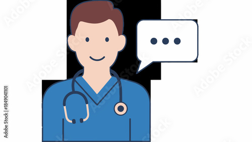 Friendly male doctor avatar wearing a stethoscope and speech bubble, symbolizing medical consultation and communication, in a bright studio.
