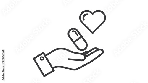Hand offering pills with a heart symbol, representing medical treatment and care for health, in a line art style on an isolated white background.