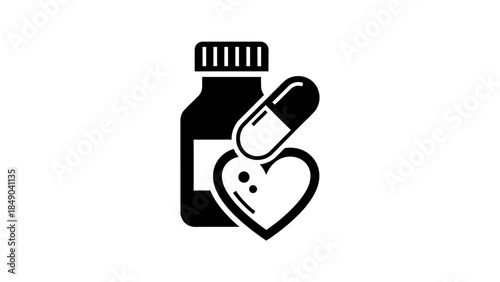 Solid black icon of a medicine bottle with pills and a heart symbol, representing pharmaceutical care and heart health on an isolated white background.