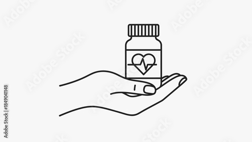 Hand holding a medicine bottle with a heart symbol, representing heart health medication and care, in a line art style on an isolated white background.