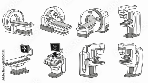 Collection of detailed medical imaging machines including MRI, CT scan, and mammography, in a line art style on an isolated white background.