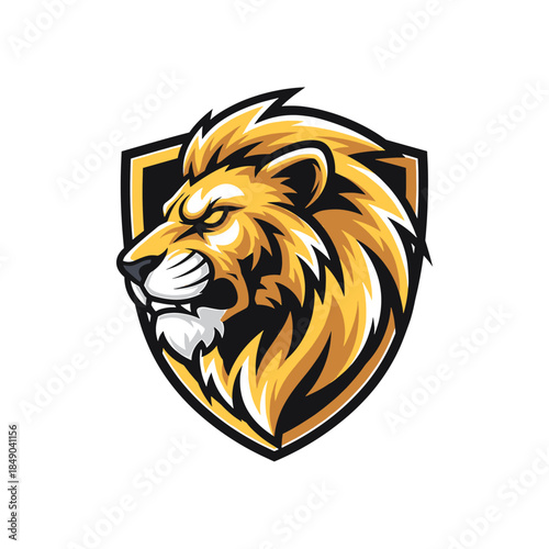 Illustration of a lion's head in a shield with yellow and black colors on a white background.