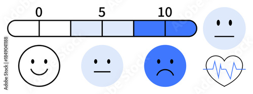 Mental health, emotional well-being, healthcare, stress management, satisfaction, feedback systems. A mood scale from happy to sad faces, with a heartbeat symbol. Emotional well-being and feedback