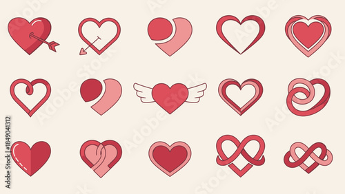 Harmony of Hearts: A collection of various red hearts symbols with different designs, symbolizing love, passion, and affection, perfect for representing romance and heartfelt emotions.