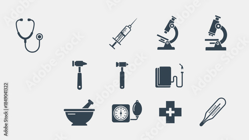 Medical Icons: A collection of meticulously crafted medical icons, encompassing essential tools like a stethoscope, syringe, microscope, and more, all illustrated against a clean, modern backdrop.