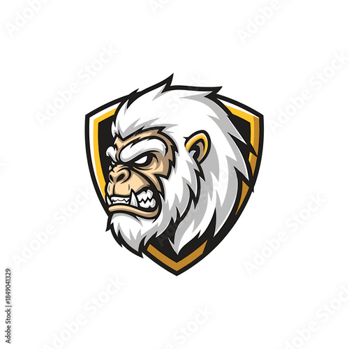 Illustration of a gorilla's head in a shield with a black and orange outline on a white background.