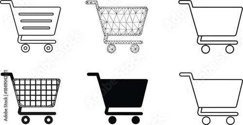 Shopping cart icon vector set with outline, solid, and wireframe styles, supermarket and ecommerce trolley symbols for retail, online store, and UI design