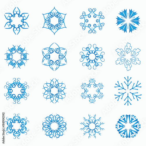 Collection of Blue Ornate Vector Snowflakes Icons