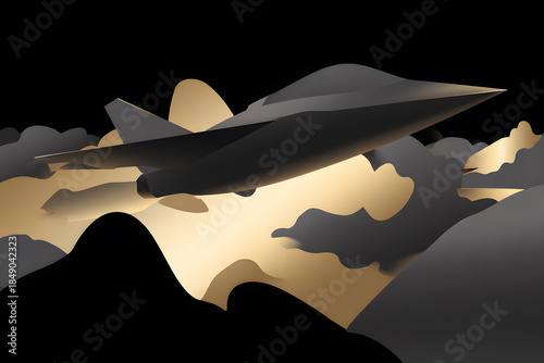Stealth Jet Soaring Through Golden Clouds. Abstract composition