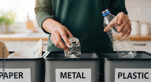 Eco-Friendly Recycling in a Modern Kitchen: Sorting Waste into Paper, Metal, and Plastic Bins for Sustainable Living