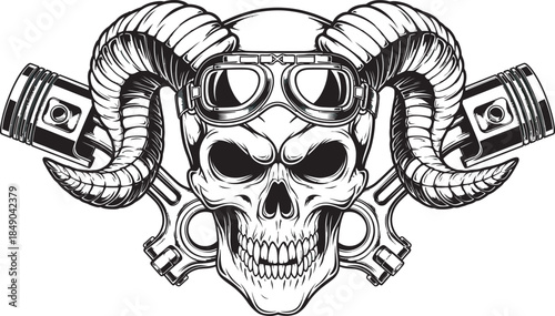 Skull with Horns, Goggles, and Pistons icon silhouette isolate vector art 