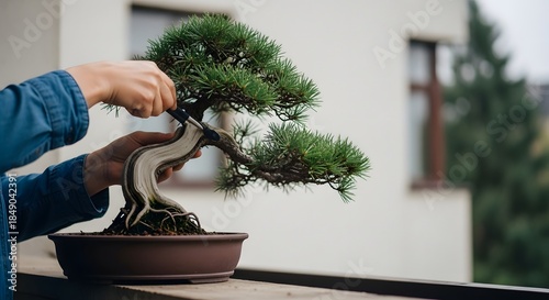 Skilled Bonsai Pruning and Shaping in a Peaceful Garden Setting for Artistic Miniature Tree Display