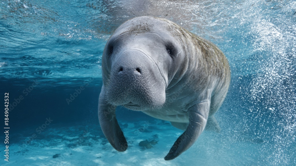 Obraz premium Underwater view of manatee moving calmly through turquoise water. Large aquatic mammal with smooth skin and rounded body. Ocean life, endangered species and marine conservation concept
