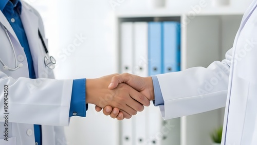 Professional Medical Handshake Between Doctors Demonstrating Healthcare Cooperation in Bright Clinic Setting