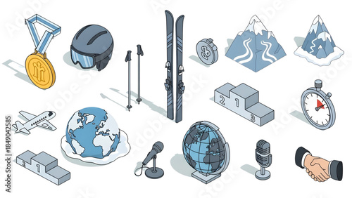 Collection of Isometric Icons Representing Sports, Travel, and Business Achievements