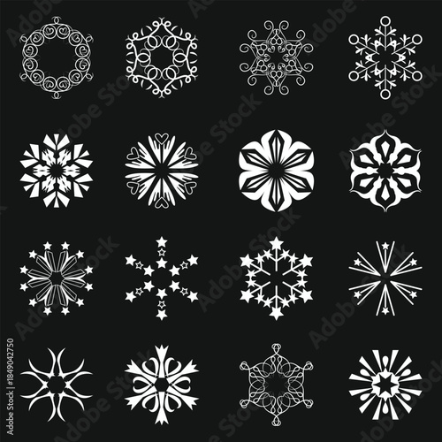 Set of Various White Vector Snowflakes Icons on Black Background