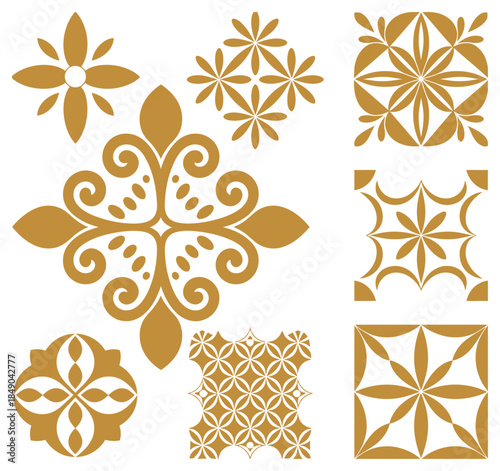 Golden floral and geometric ornamental patterns white background