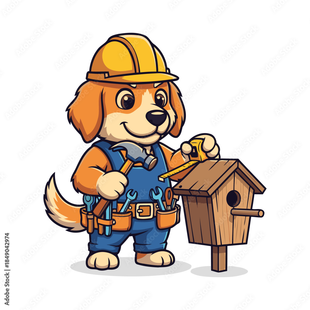 Fototapeta premium Cartoon Dog Construction Worker with Hard Hat and Tool Belt Illustration