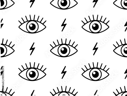 Repeating stylized eyes and lightning bolts pattern symbol