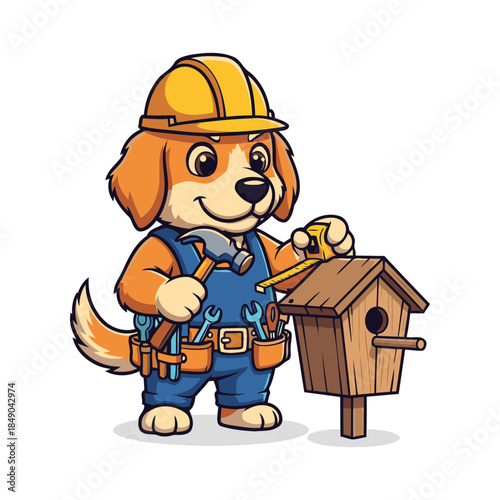 Cartoon Dog Construction Worker with Hard Hat and Tool Belt Illustration