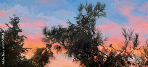 Digital oil painting of pine tree branches against a colorful pink and blue sunset sky. Artistic illustration of a pine forest looking up at a twilight sky with clouds. Digital vector art