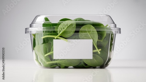 Fresh Spinach Leaves in Clear Plastic Container with Blank Label on White Background.