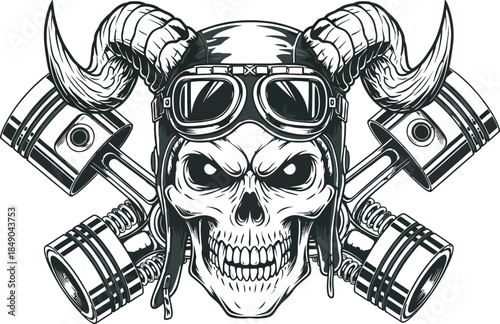 Skull with Horns, Goggles, and Pistons icon silhouette isolate vector art 