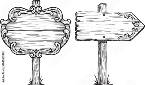 wooden signs with different ornate shapes silhouette icon set isolate vector art 