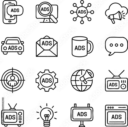 Advertising icon set for digital, print, global, branded, targeted, and multimedia marketing design