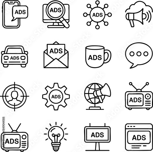 Advertising icon set for digital, print, global, branded, targeted, and multimedia marketing design