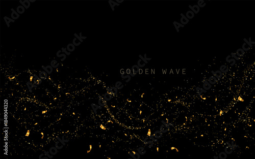 Isolated design component, golden wave of shiny tinsel on black background.