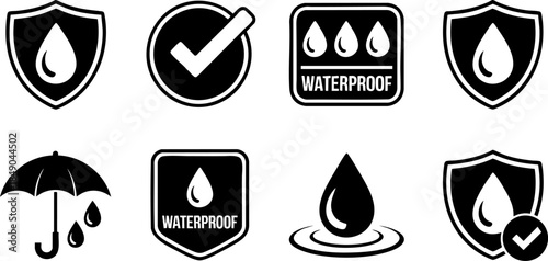 Waterproof icon set for product labeling, protection, durability, packaging, and safety design themes