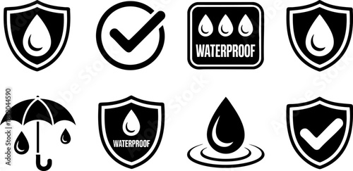 Waterproof icon set for product labeling, protection, durability, packaging, and safety design themes